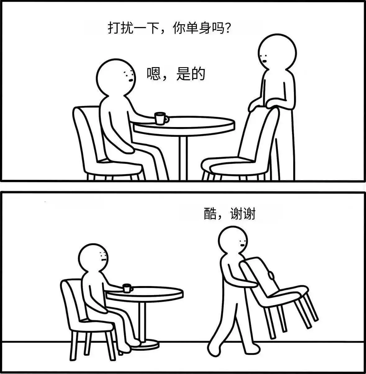 打扰一下，你单身吗？嗯，是的。酷，谢谢
