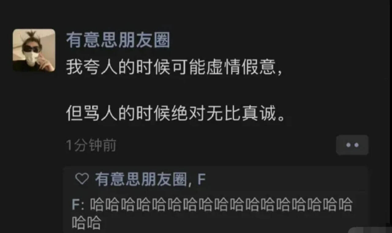有意思朋友圈我夸人的时候可能虚情假意，但骂人的时候绝对无比真
