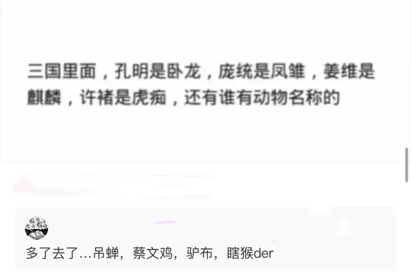 三国里面，孔明是卧龙，庞统是凤雏，姜维是麒麟，许褚是虎痴，还