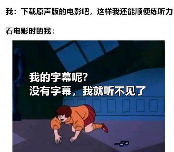 我：下载原声版的电影吧，这样我还能顺便练听力看电影时的我：我
