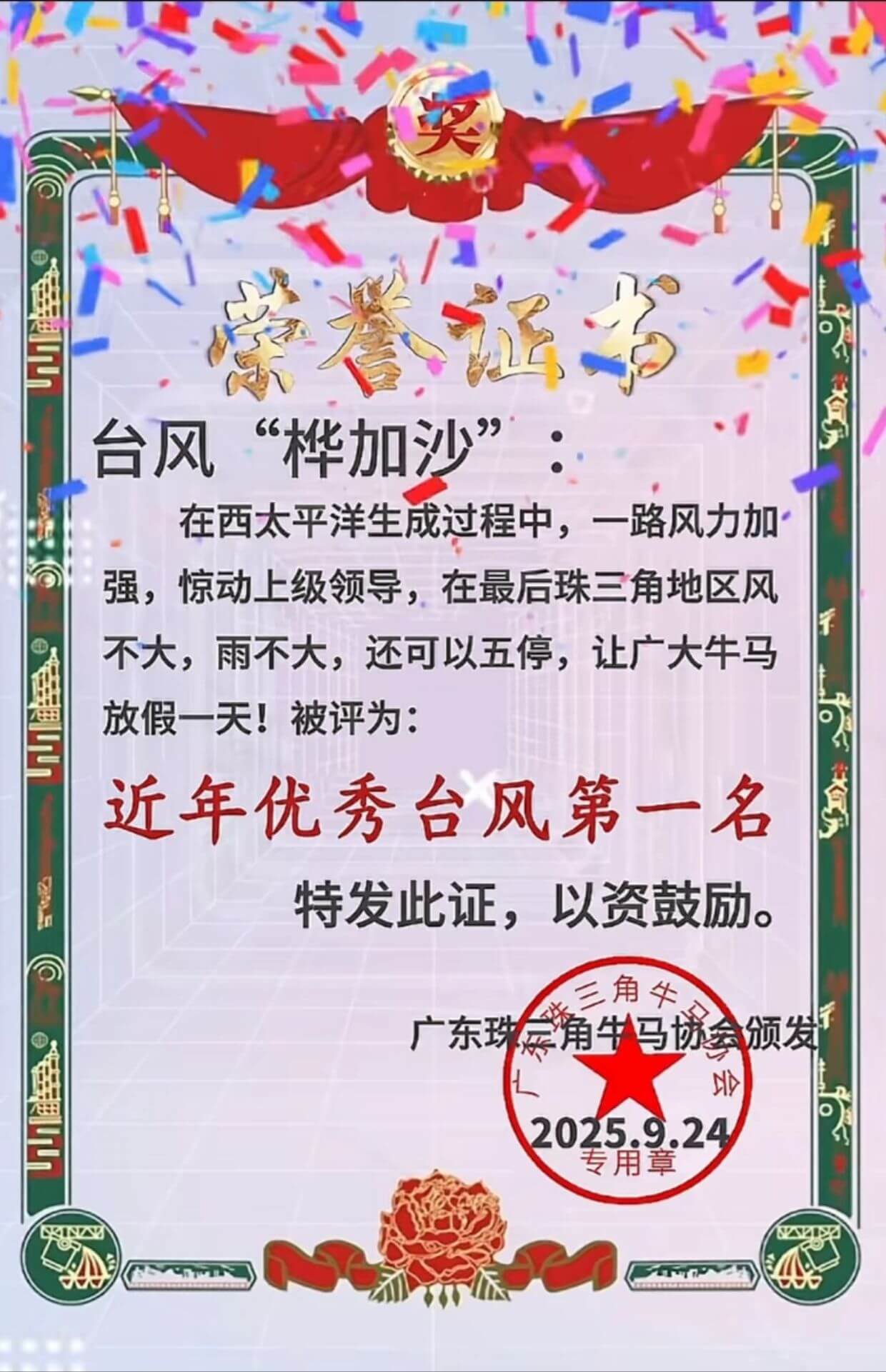 荣誉证书台风“桦加沙”在西太平洋生成过程中，一路风力加强，惊