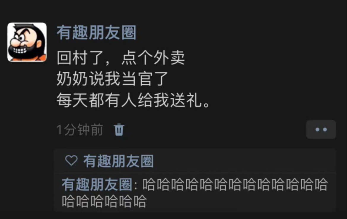 有趣朋友圈回村了，点个外卖奶奶说我当官了每天都有人给我送礼。