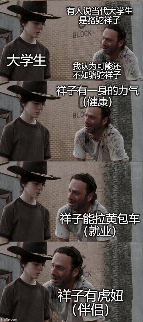 有人说当代大学生是骆驼祥子。大学生，我认为可能还不如骆驼祥子