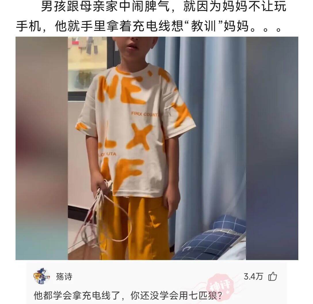 男孩跟母亲在家闹脾气，因为妈妈不让玩手机，他就手里拿着充电线