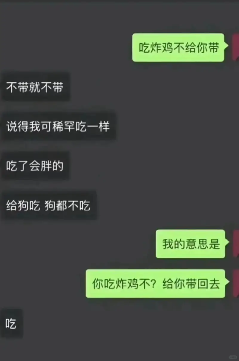 吃炸鸡不给你带不带就不带说得我可稀罕吃一样吃了会胖的给狗吃狗