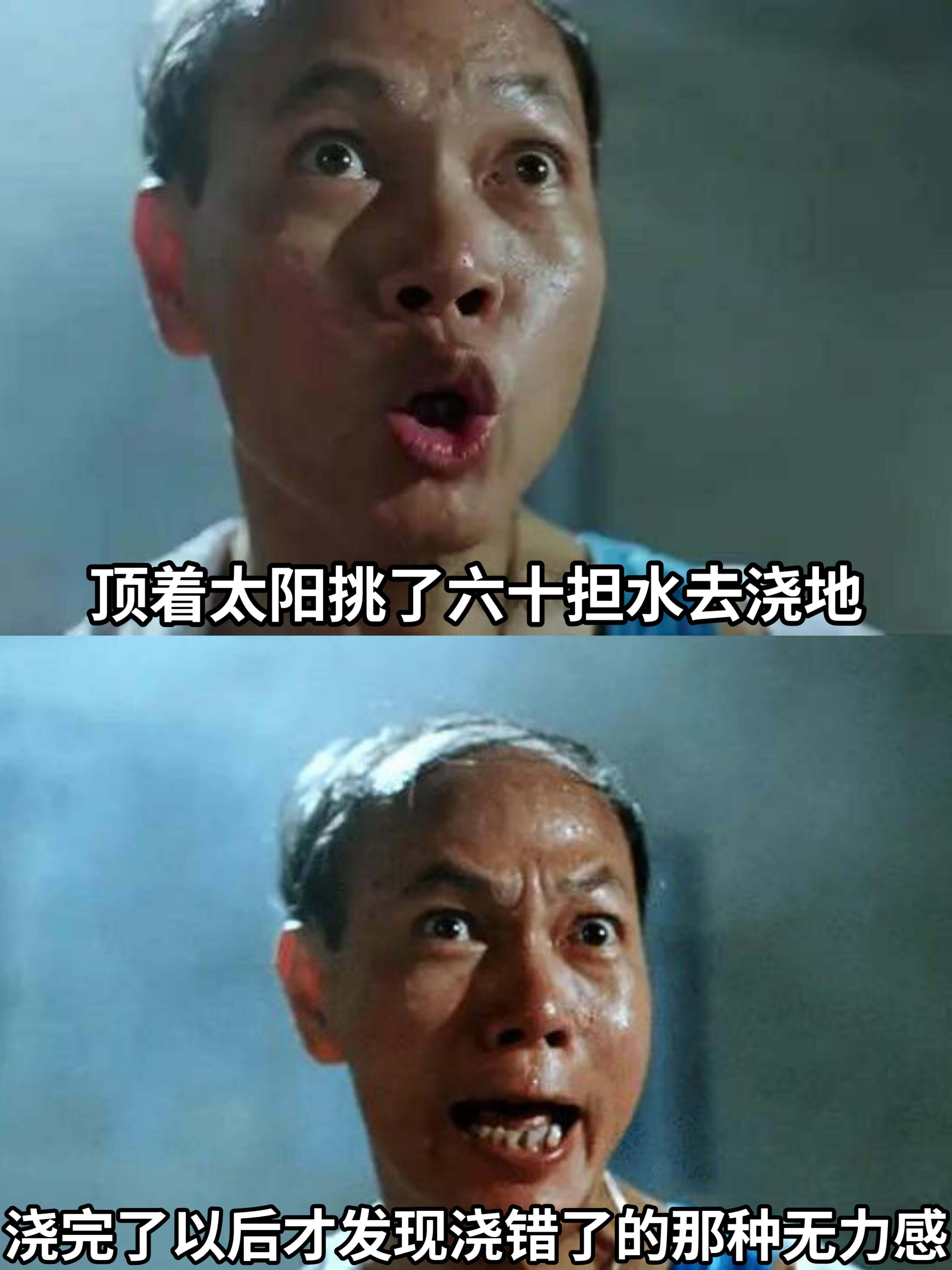 顶着太阳挑了六十担水去浇地。浇完了以后才发现浇错了，那种无力