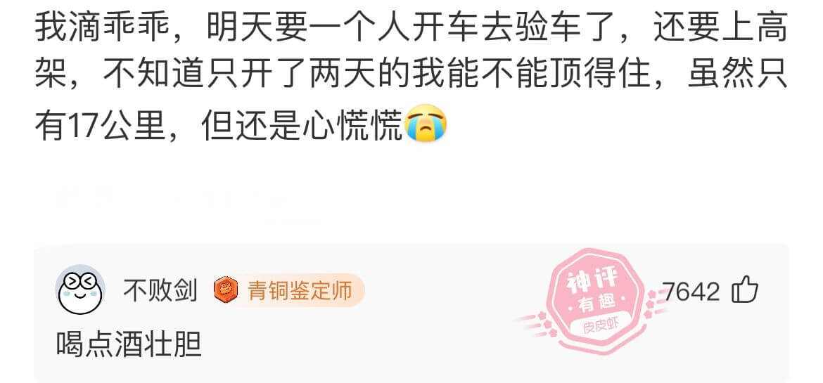 我滴乖乖，明天要一个人开车去验车了，还要上高架，不知道只开了