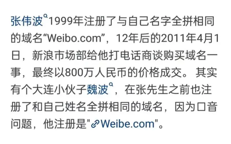 张伟波^{a}1999年注册了与自己名字全拼相同的域名“We
