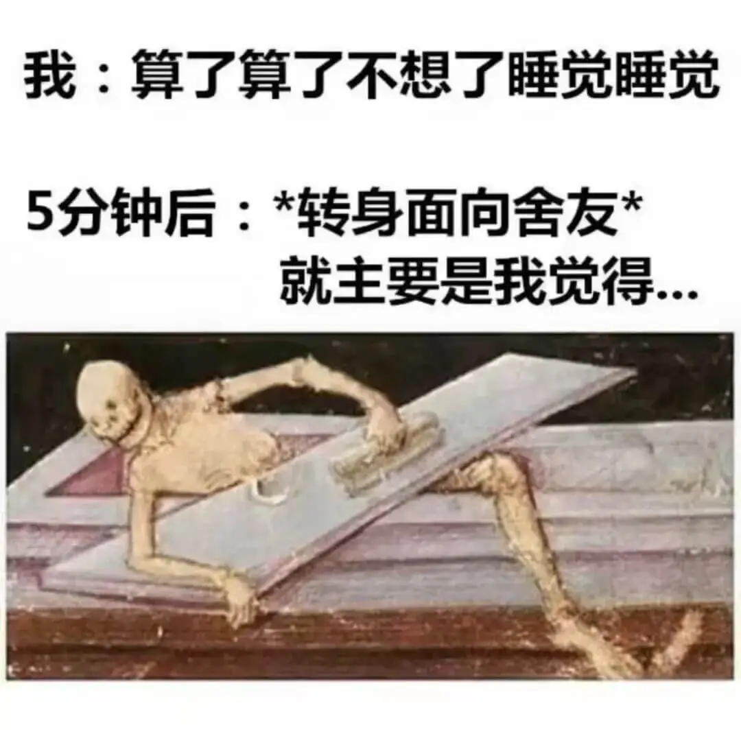 我：算了算了不想了睡觉睡觉5分钟后：*转身面向舍友*就主要是