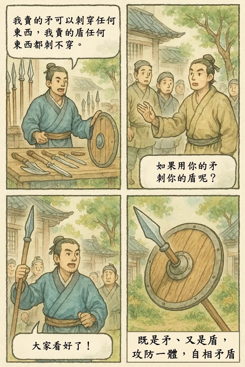 我賣的矛可以刺穿任何東西，我賣的盾任何東西都刺不穿。如果用你