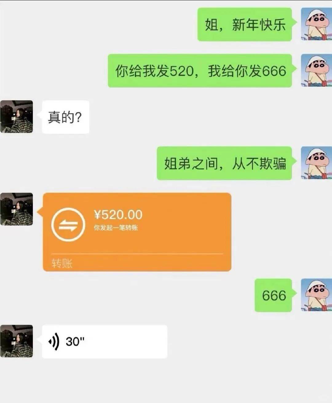 6姐，新年快乐你给我发520，我给你发666真的？姐弟之间，