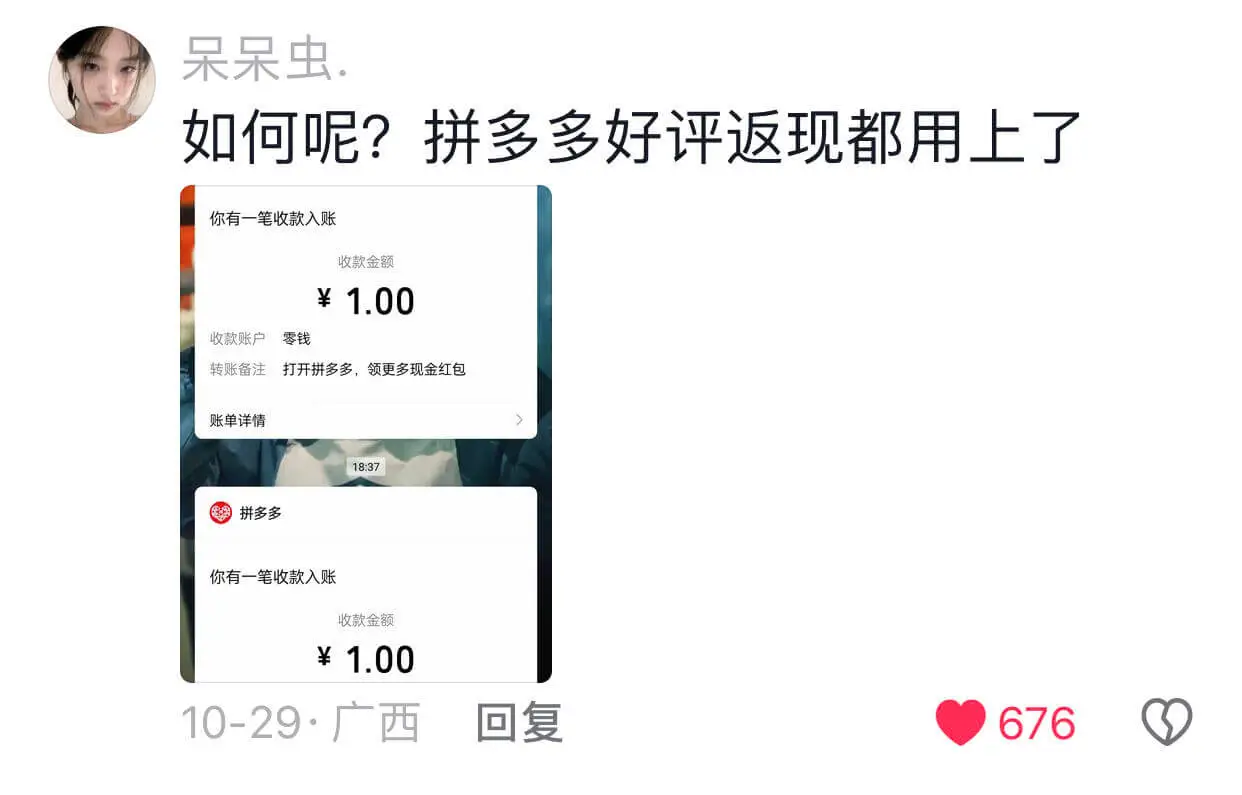 呆呆呆呆虫如何呢?拼多多好评返现都用上了你有一笔收款入账收款