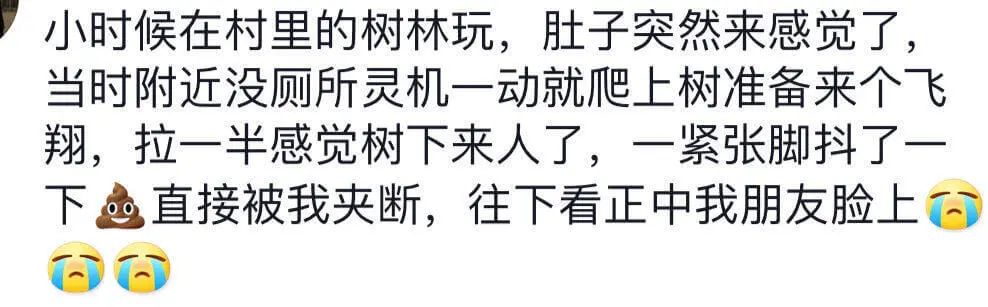 小时候在村里的树林玩,肚子突然来感觉了,当时附近没厕所灵机一