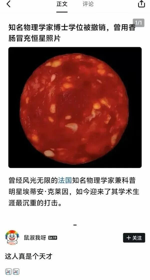 正文评论T11知名物理学家博士学位被撤销，曾用香肠冒充恒星照