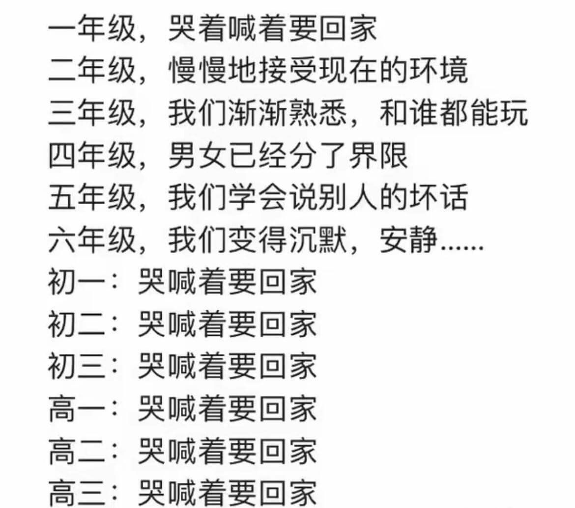 一年级，哭着喊着要回家二年级，慢慢地接受现在的环境三年级，我