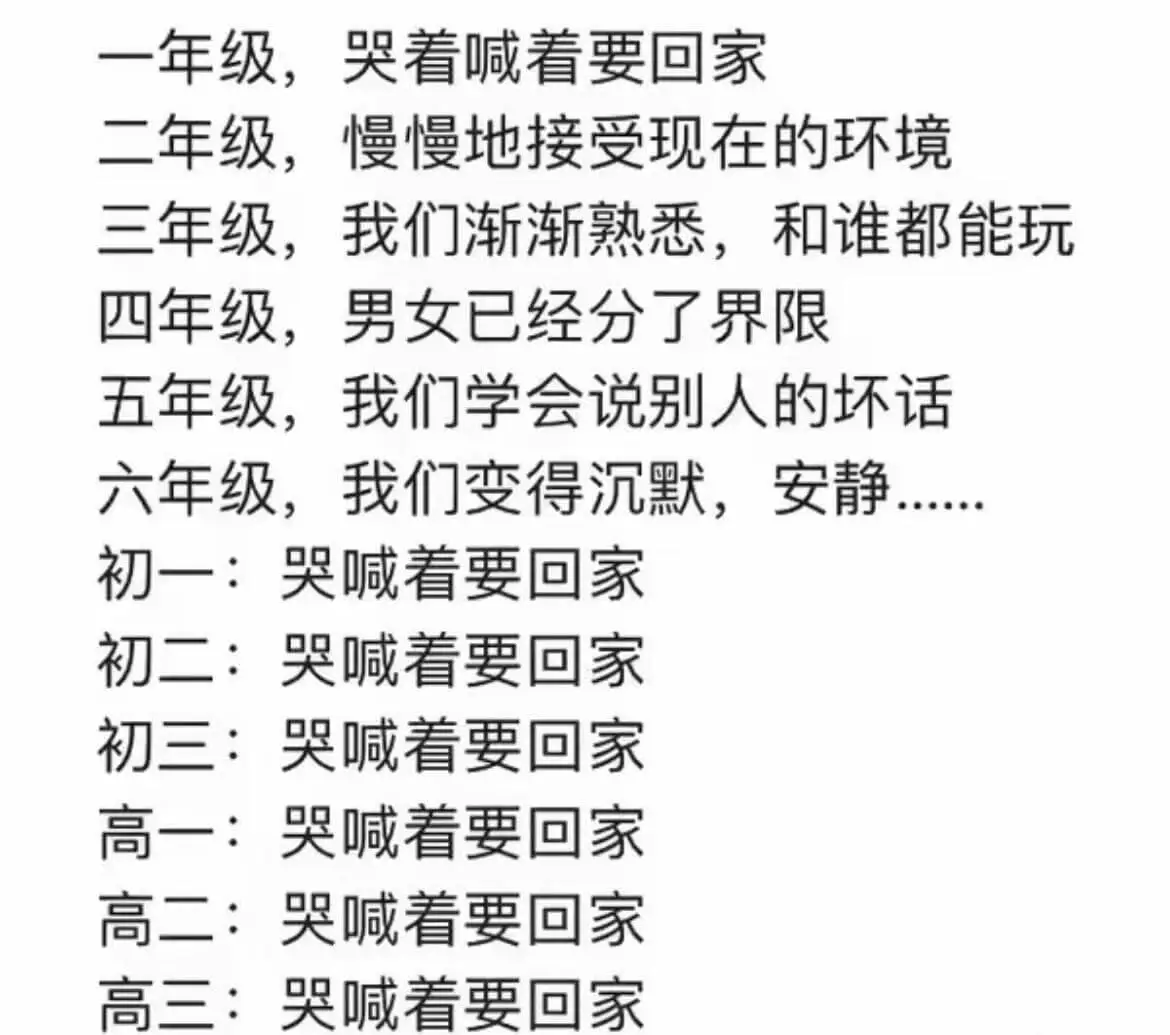 一年级，哭着喊着要回家二年级，慢慢地接受现在的环境三年级，我