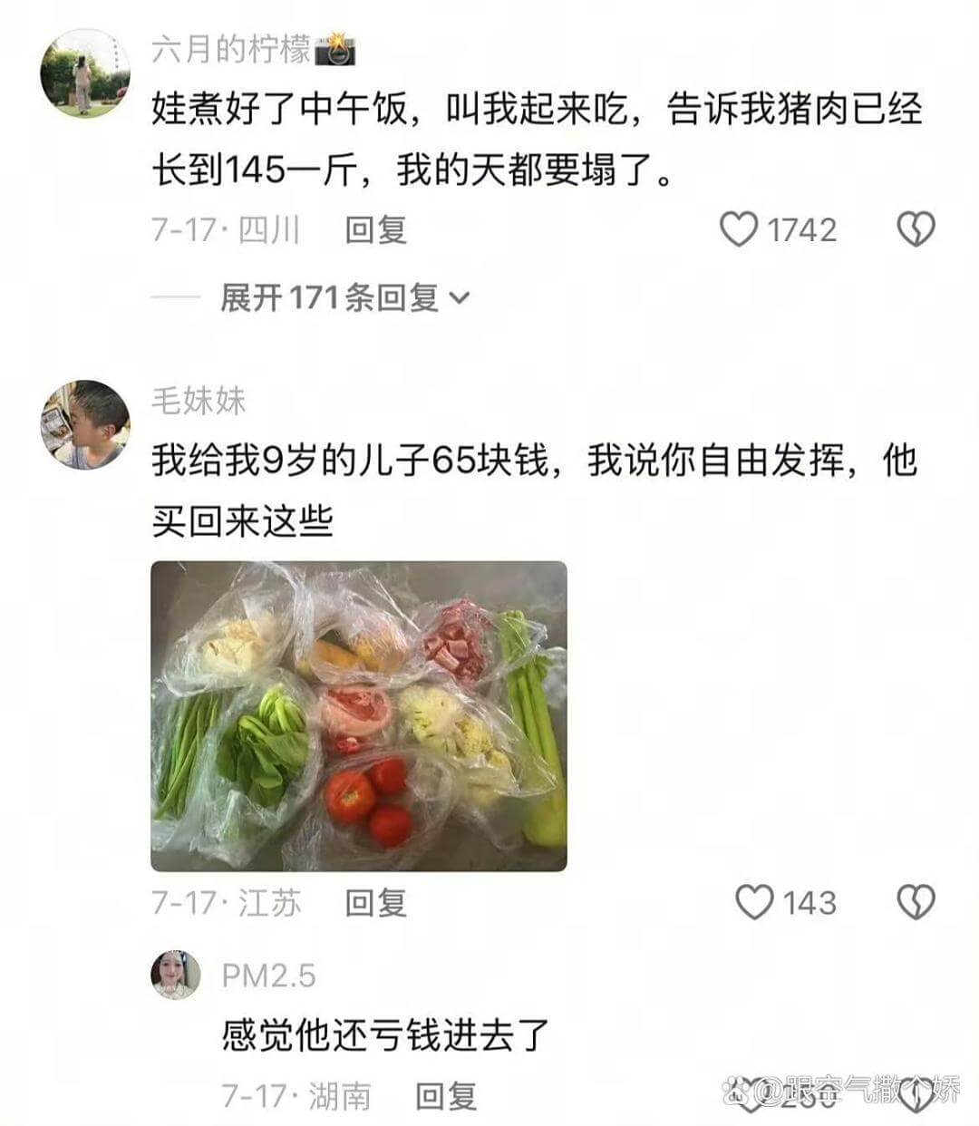 六月的柠檬娃煮好了中午饭,叫我起来吃,告诉我猪肉已经长到14