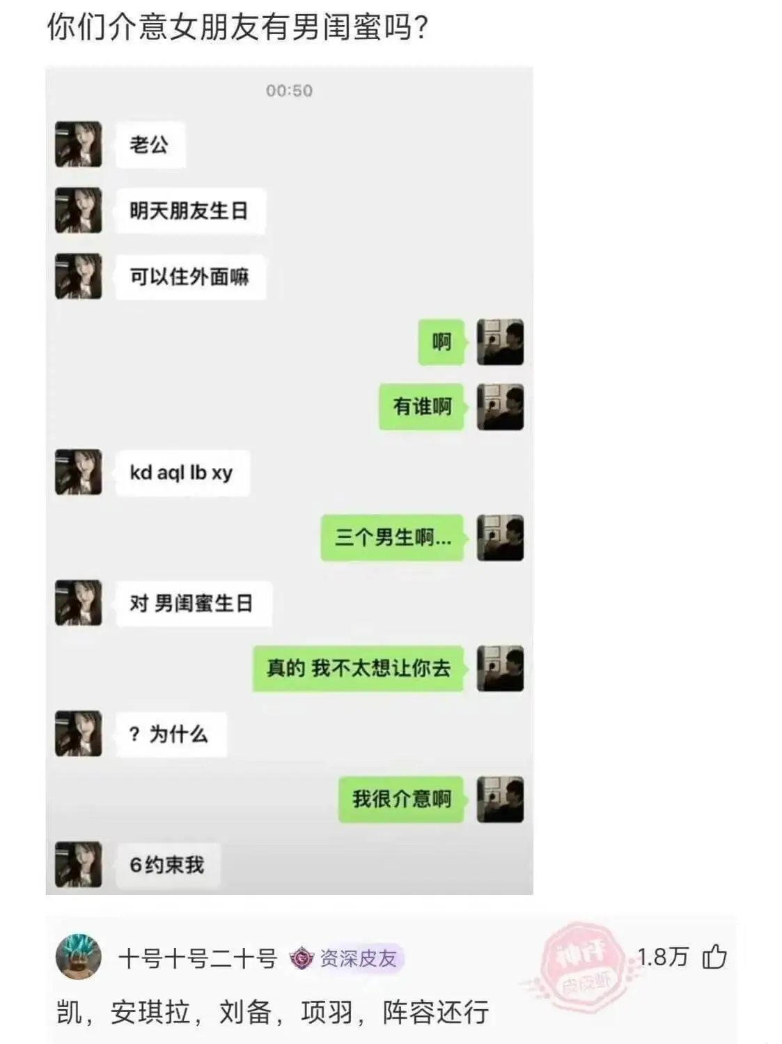 你们介意女朋友有男闺蜜吗?老公,明天朋友生日,可以住外面嘛?