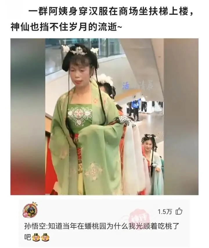 一群阿姨身穿汉服在商场坐扶梯上楼，神仙也挡不住岁月的流逝~活