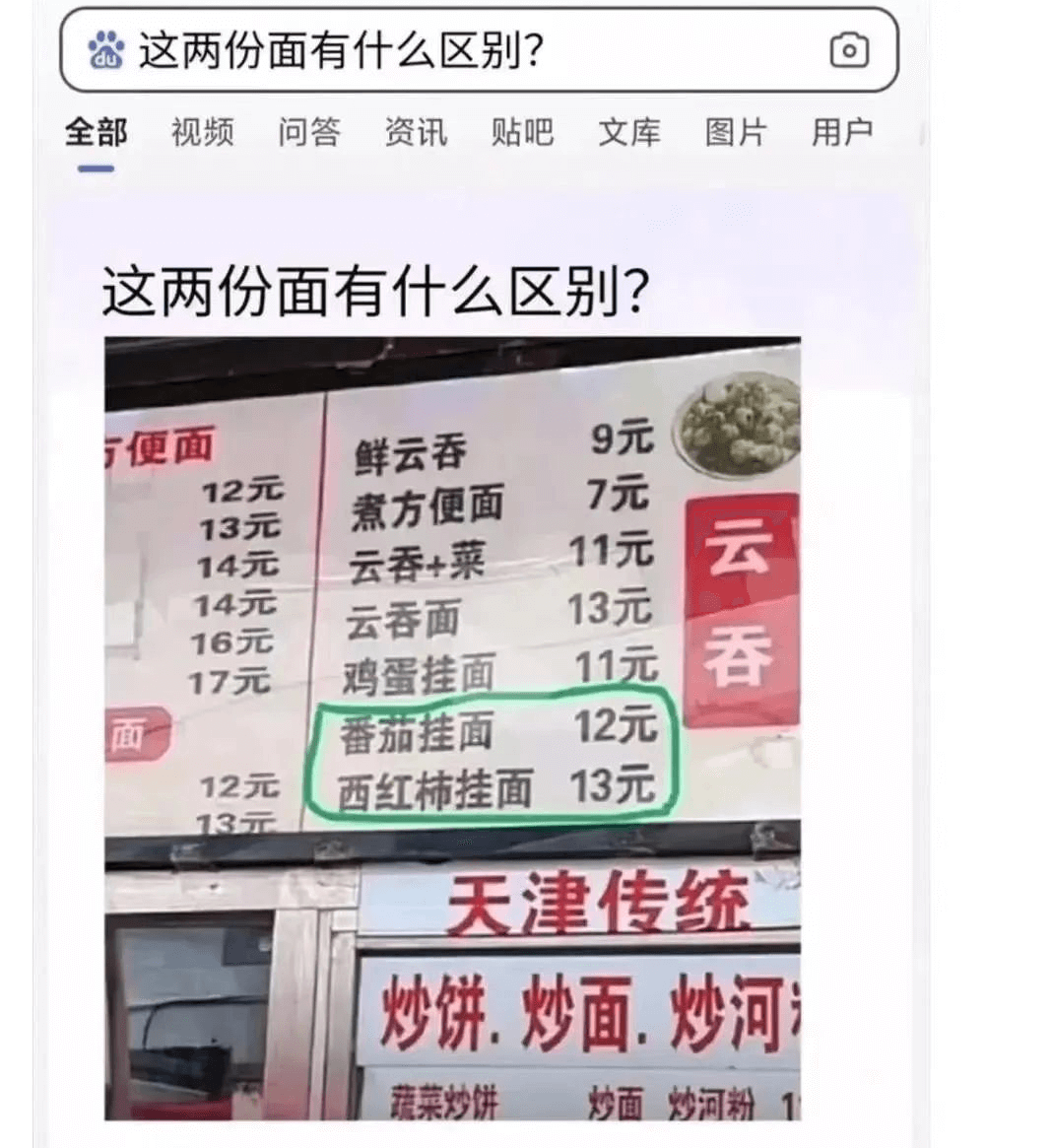 品这两份面有什么区别？全部视频问答资讯贴吧文库图片用户这两份