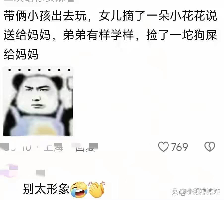 带俩小孩出去玩，女儿摘了一朵小花花说送给妈妈，弟弟有样学样，