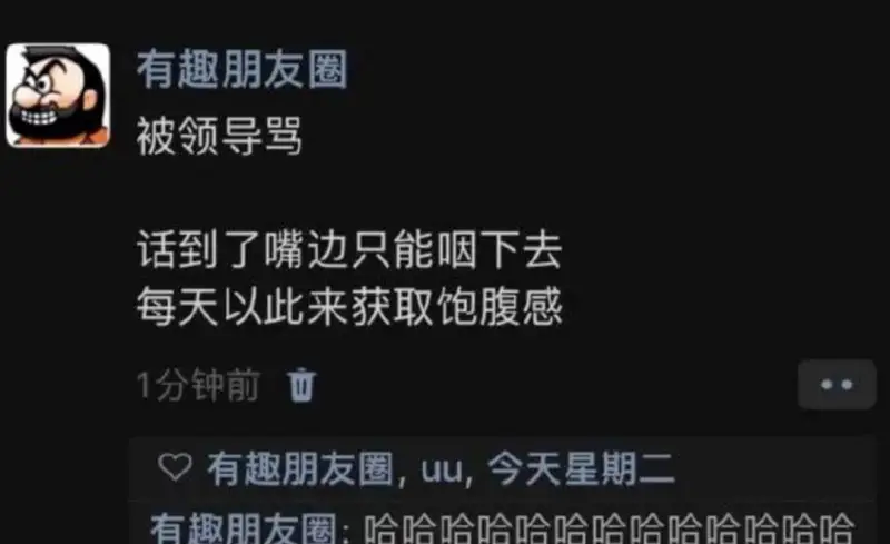 有趣朋友圈被领导骂，话到了嘴边只能咽下去，每天以此来获取饱腹