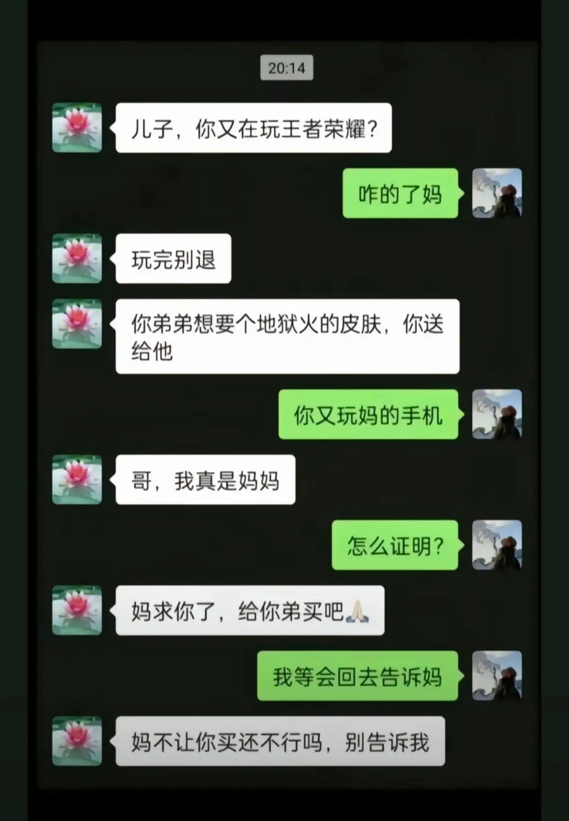 20:14儿子，你又在玩王者荣耀？咋的了妈玩完别退你弟弟想要