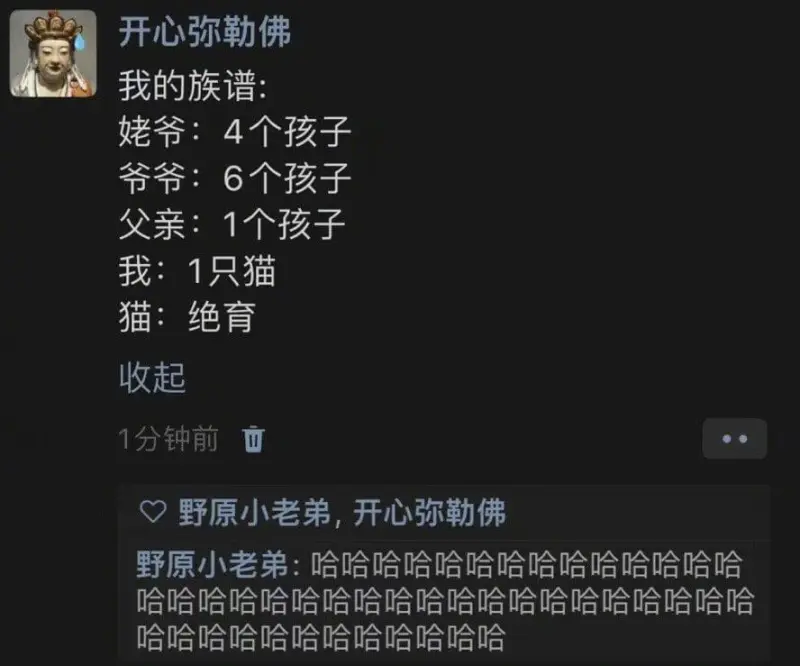 开心弥勒佛我的族谱：姥爷：4个孩子爷爷：6个孩子父亲：1个孩