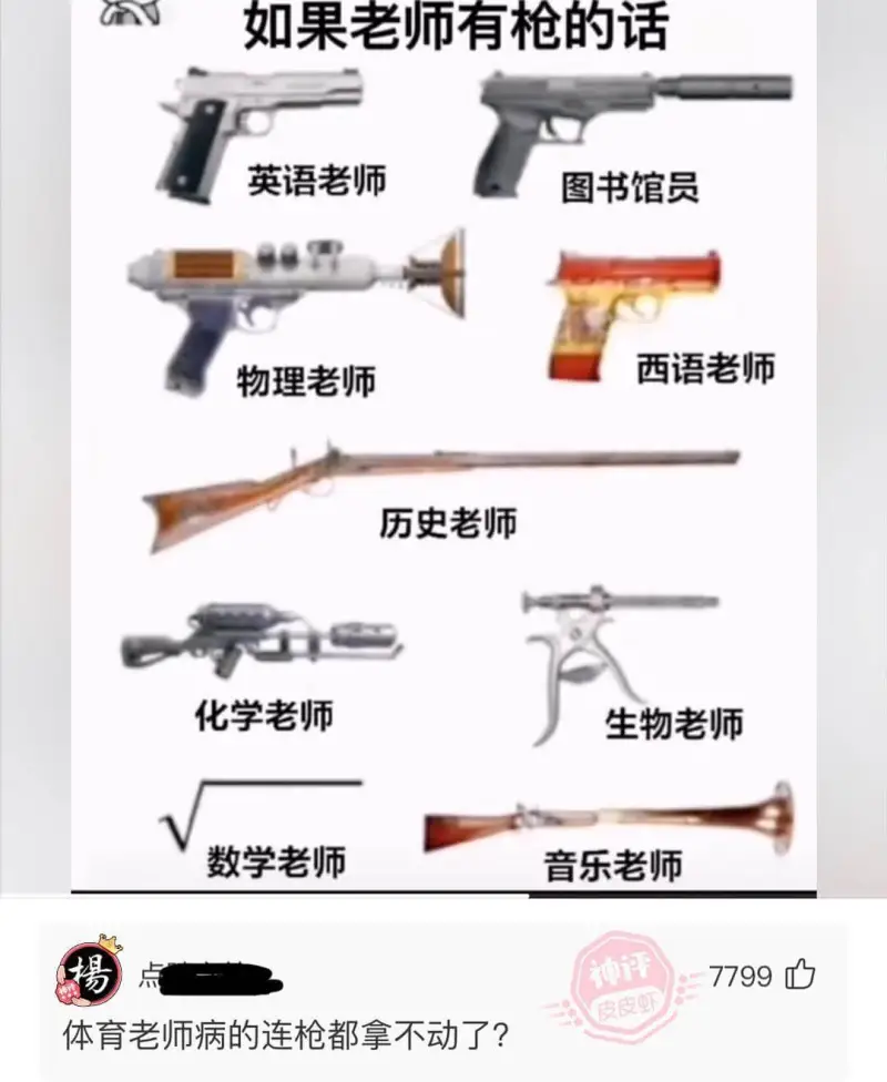 如果老师有枪的话：英语老师图书馆员西语老师物理老师历史老师化