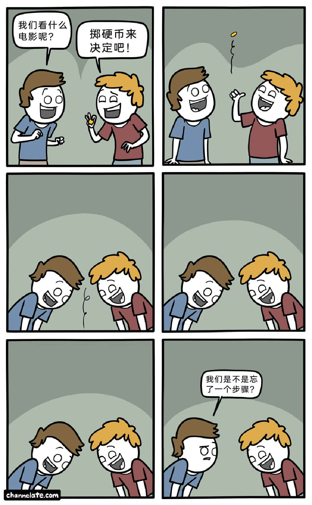 我们看什么？掷硬币来决定吧！电影呢？我们是不是忘了一个步骤？