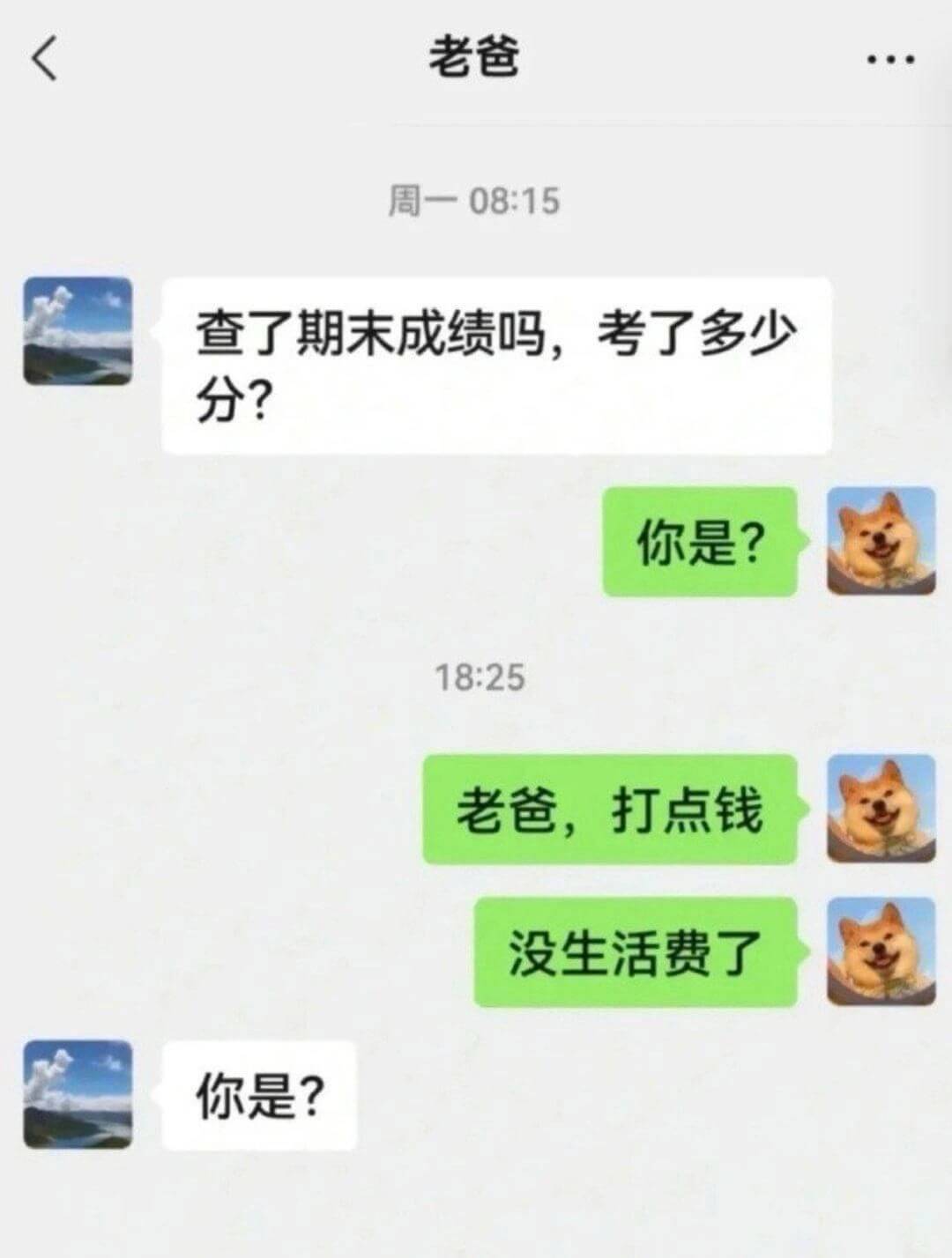 老爸周一08:15查了期末成绩吗，考了多少分？你是？18:2