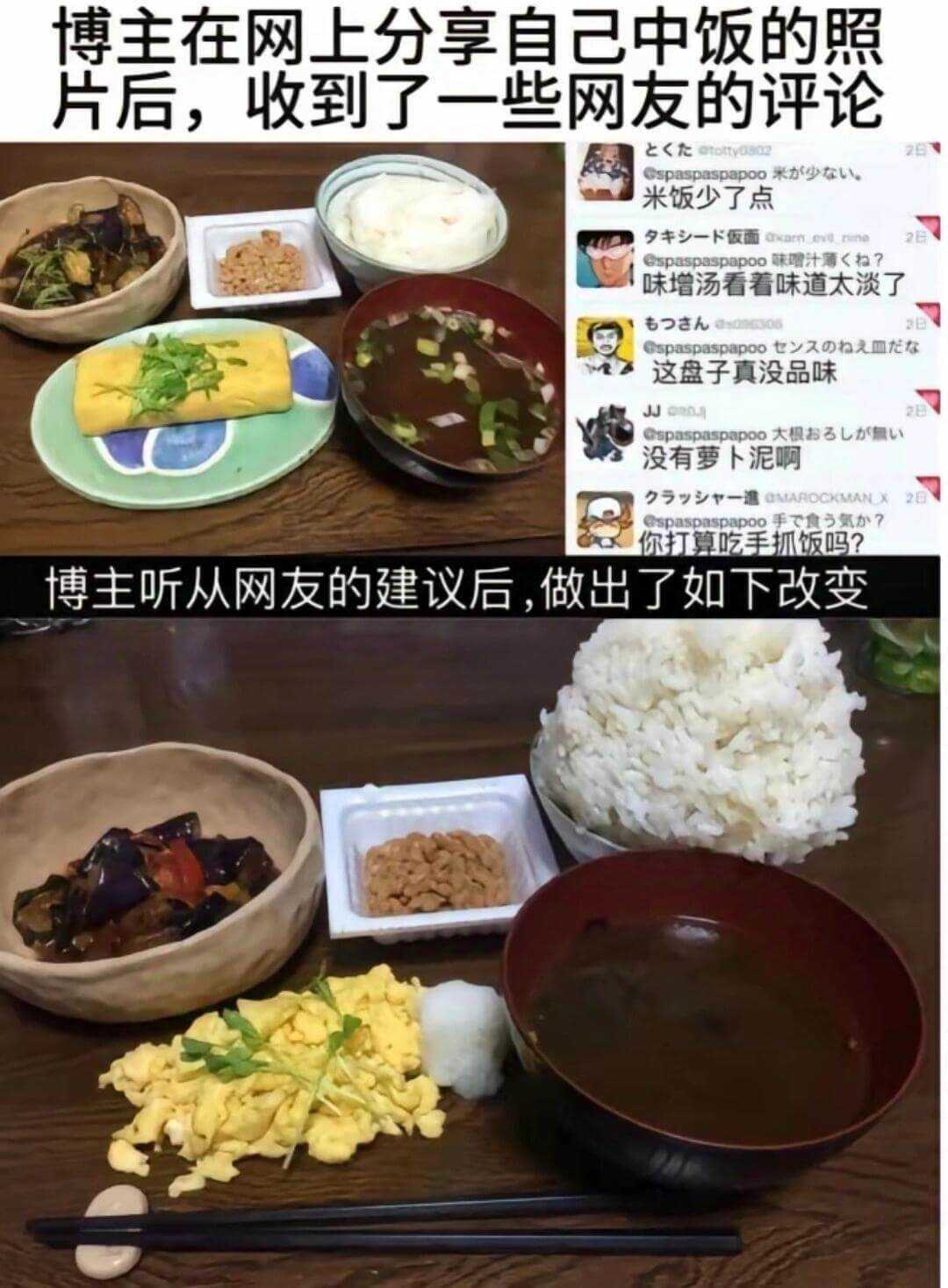 博主在网上分享自己中饭的照片后，收到了一些网友的评论：“米饭