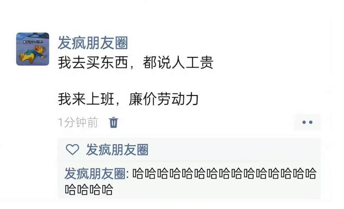 发疯朋友圈我去买东西，都说人工贵。我来上班，廉价劳动力。1分