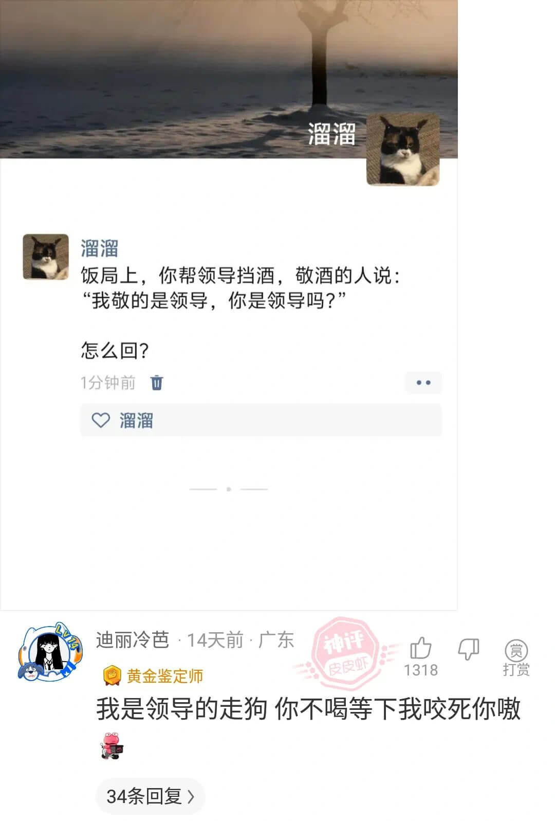 溜溜溜溜饭局上，你帮领导挡酒，敬酒的人说：“我敬的是领导，你