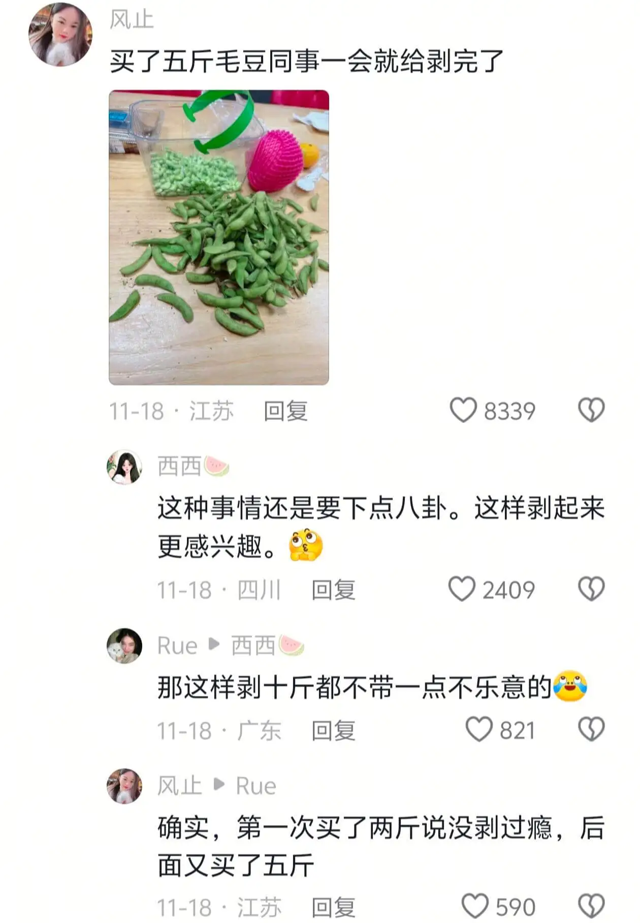 风止买了五斤毛豆同事一会就给剥完了11-18·江苏回复083