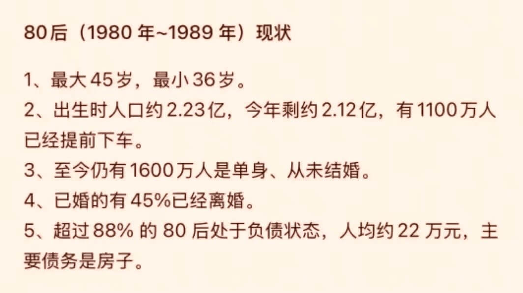 80后（1980年~1989年）现状1、最大45岁，最小36