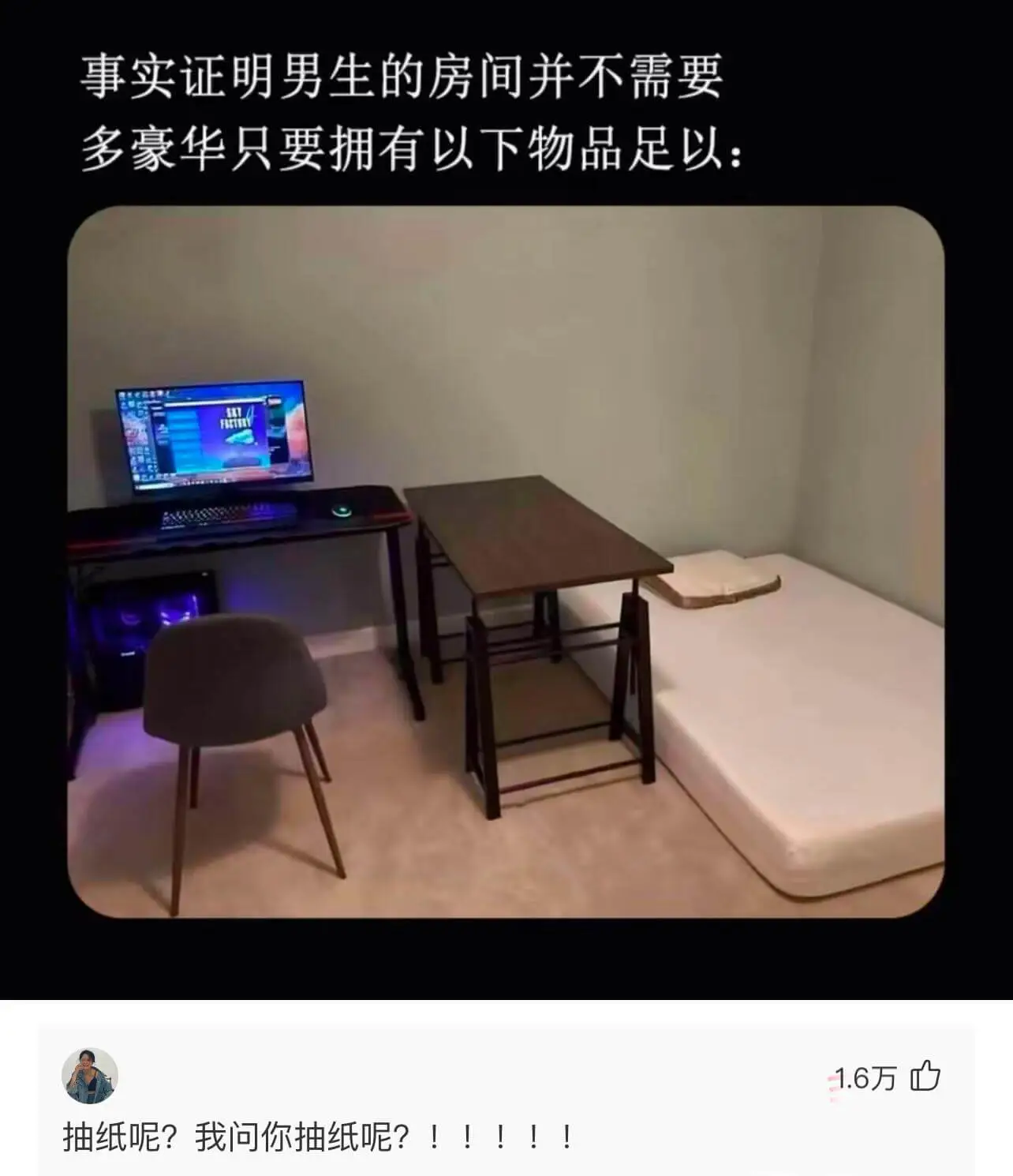 事实证明，男生的房间并不需要多豪华，只要拥有以下物品足以：抽