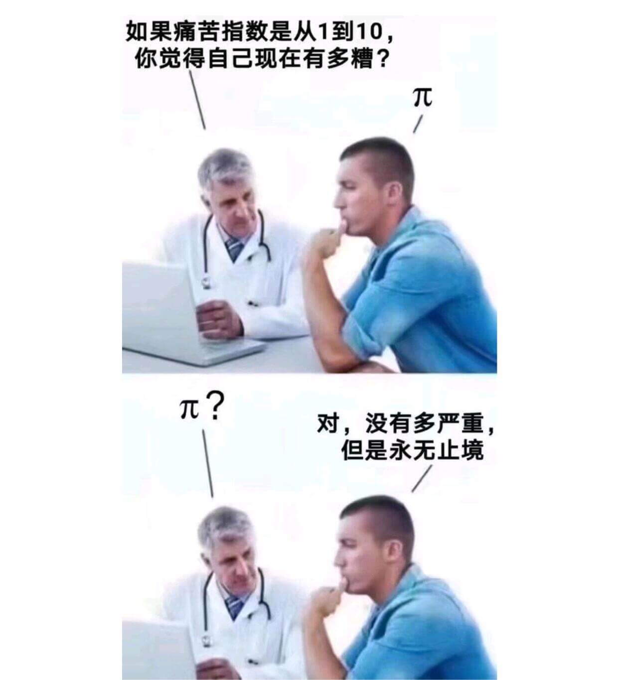 如果痛苦指数是从1到10你觉得自己现在有多糟？元元？对，没有