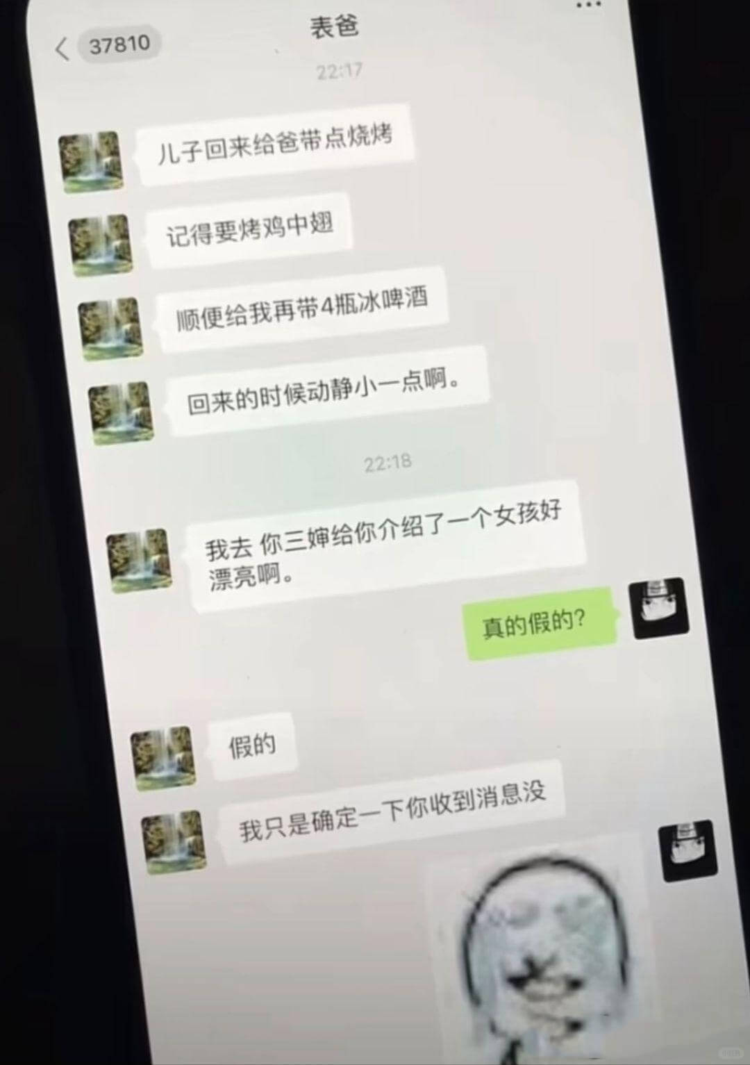 37810表爸22:17儿子回来给爸带点烧烤记得要烤鸡中翅顺