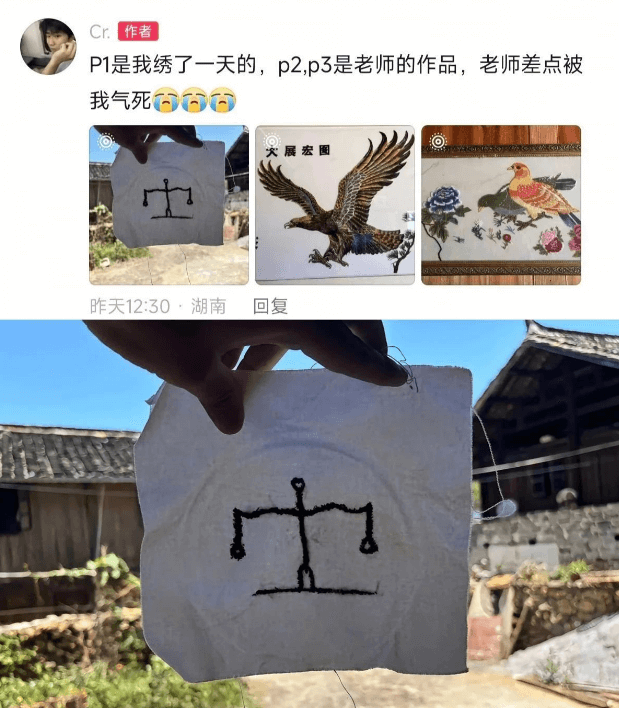 作者P1是我绣了一天的，p2,p3是老师的作品，老师差点被我