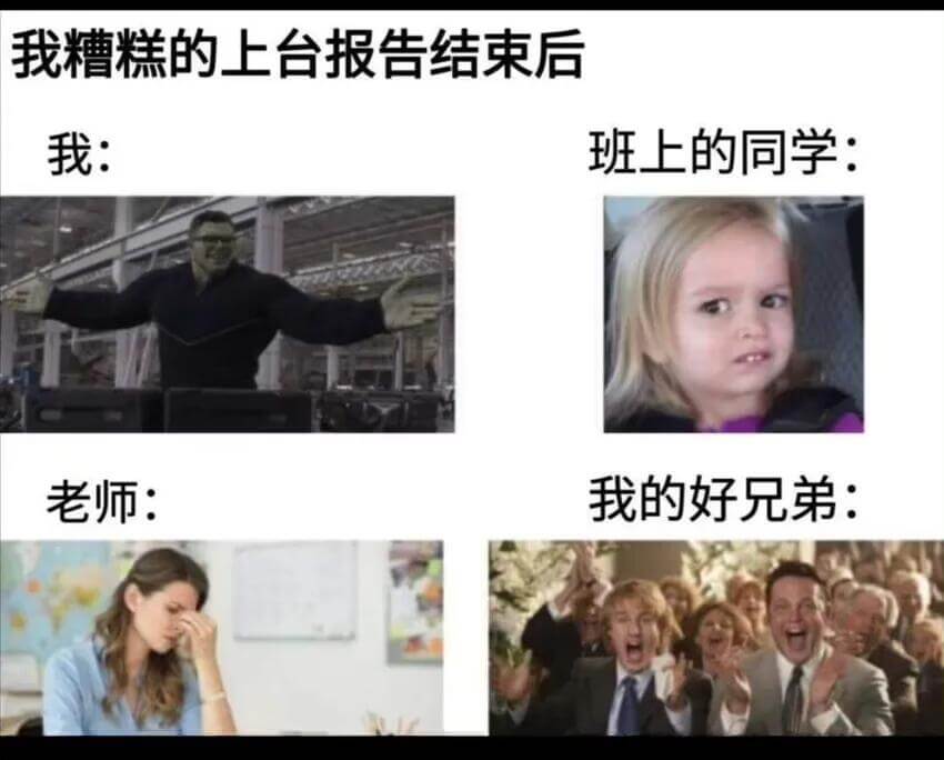 我糟糕的上台报告结束后我：班上的同学：老师：我的好兄弟：