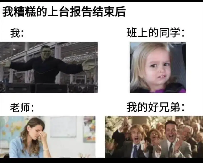 我糟糕的上台报告结束后我：班上的同学：老师：我的好兄弟：