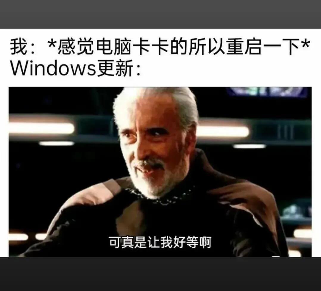 我：*感觉电脑卡卡的，所以重启一下*Windows更新：可真
