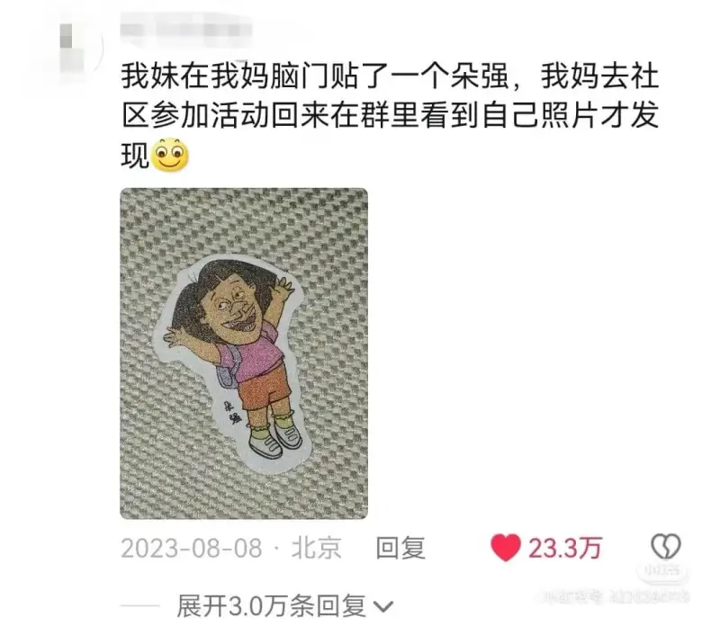 我妹在我妈脑门贴了一个朵强，我妈去社区参加活动回来，在群里看