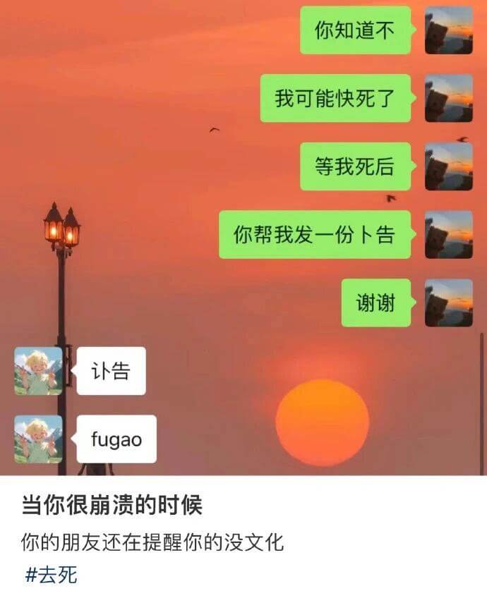 你知道不我可能快死了等我死后你帮我发一份讣告谢谢讣告当你很崩