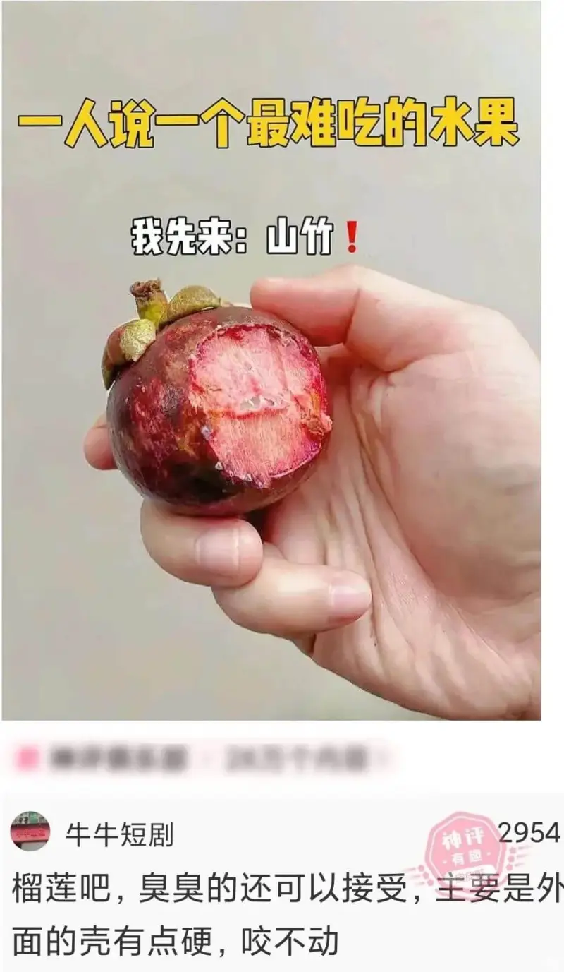 一人说一个最难吃的水果我先来：山竹！牛牛短剧2954榴莲吧，