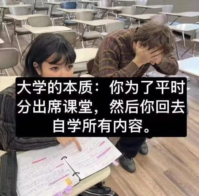 大学的本质：你为了平时分出席课堂，然后你回去自学所有内容。