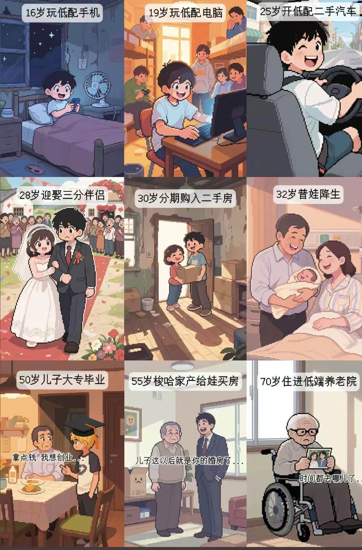 16岁玩低配手机19岁玩低配电脑25岁开低配二手汽车28岁迎