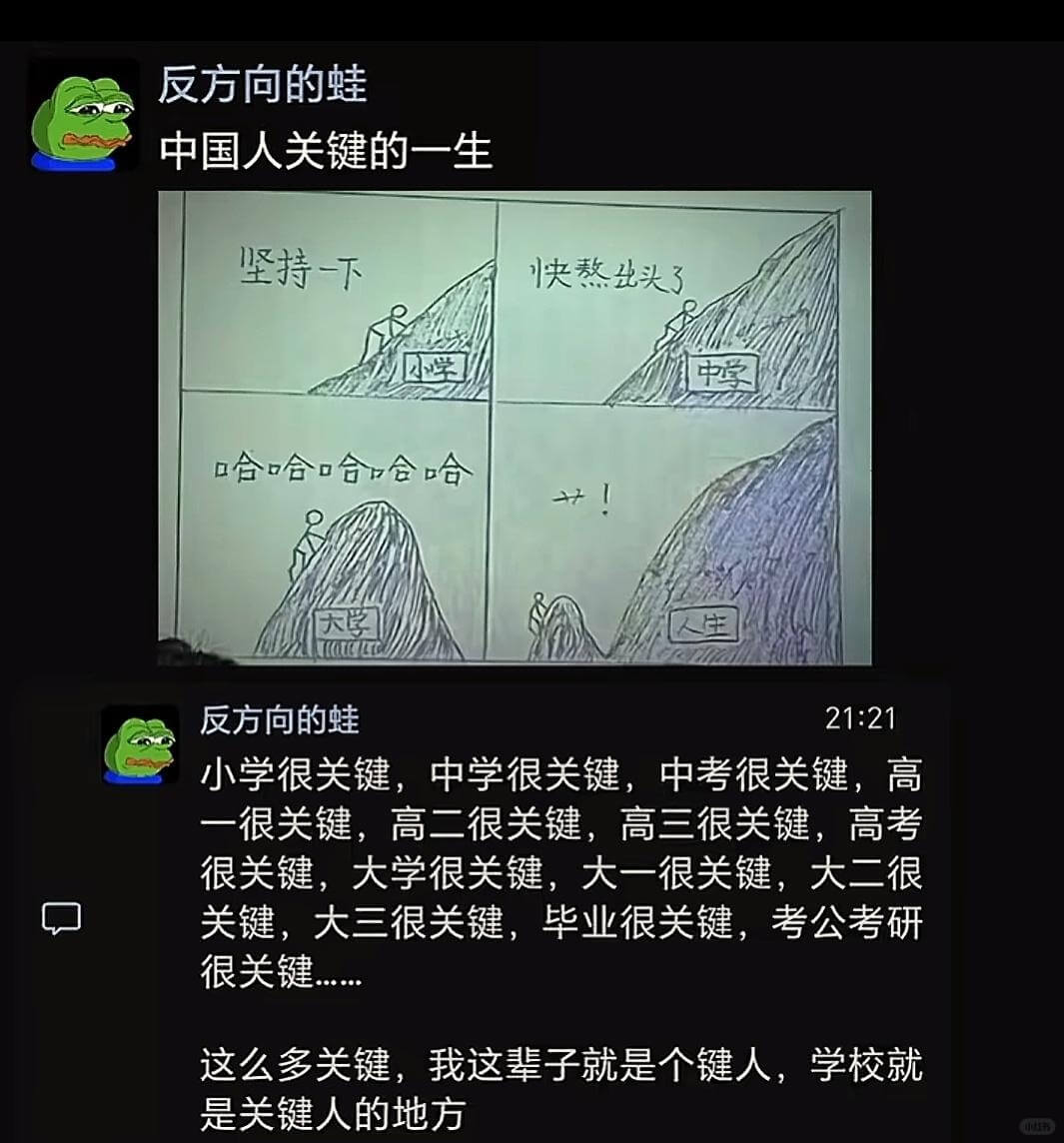 坚持一下，快熬出头了。中学。哈哈哈哈哈哈。反方向的蛙。21: