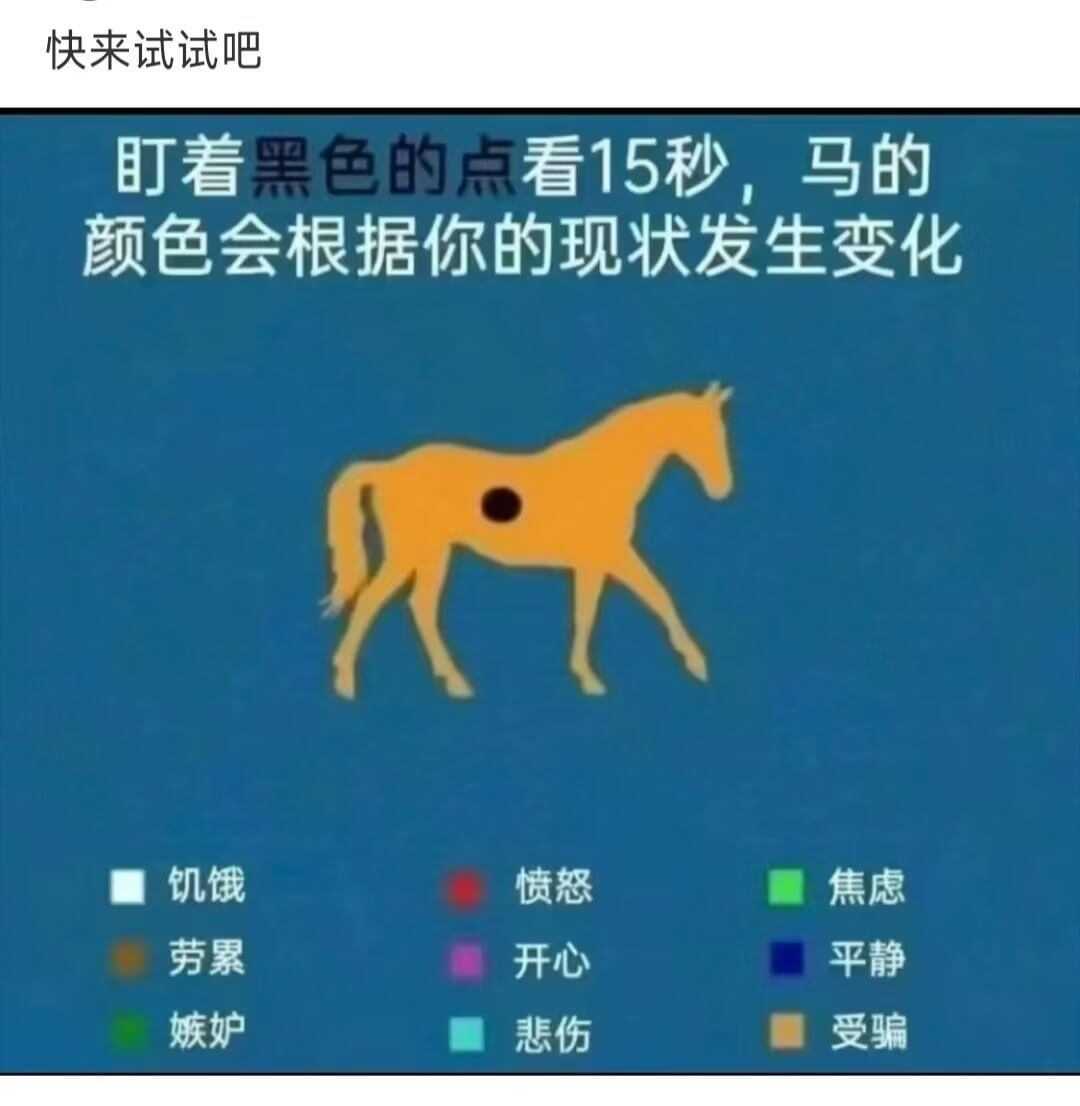 快来试试吧盯着黑色的点看15秒，马的颜色会根据你的现状发生变